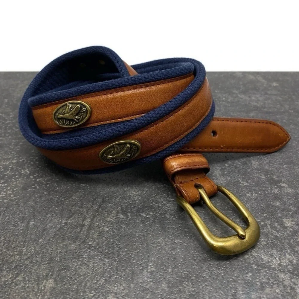 Flying Duck Medallion Golf Belt Men's 38 Waist Tan Leather & Blue Woven Fabric